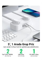Type-c Usb Çıkışlı 2 Li Akım Korumalı Grup Priz 1.8 Metre