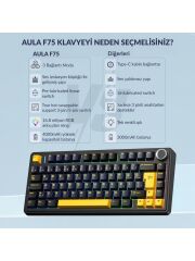 Aula F75 Mekanik Rgb Tkl Graywood V4 Switch Kablosuz Makrolu Hot Swap Türkçe Q Klavye Siyah