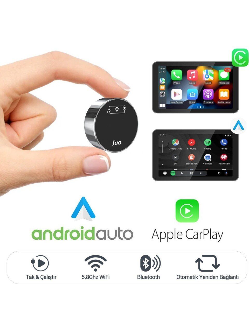 Juo Kablosuz Carplay Android Auto Kabloludan Kablosuza Çevirici USB ve Type-C Adaptör